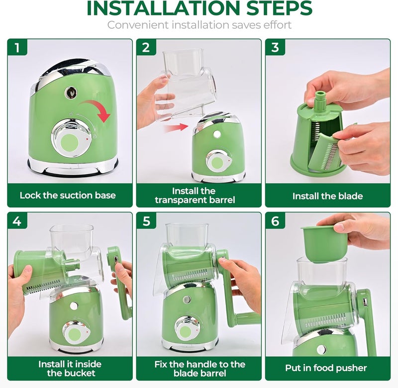 susteas Rotary Cheese Grater with Handle,Vegetable Slicer with 6 Interchangeable Blades, Reinforced Suction,Easy to Clean,Kitchen Chopper for Crushed Ice,Fruits and Nuts with Blade Storage Case,Green - Image 4